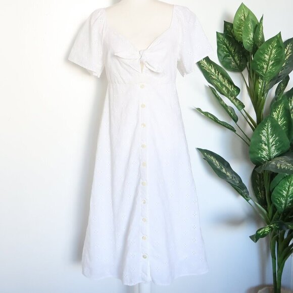 Madewell White Cotton Eyelet Embroidery Tie Front Keyhole A-line Midi Dress 2 - Picture 6 of 15